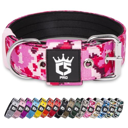 TSPRO Collare per Cani, Collare Tattico Regolabile con Fibbia in Metallo Robusto, Larga 3,8 cm, Resistente e Spesso per Cani Medi a Grandi (Camo Rosa M)