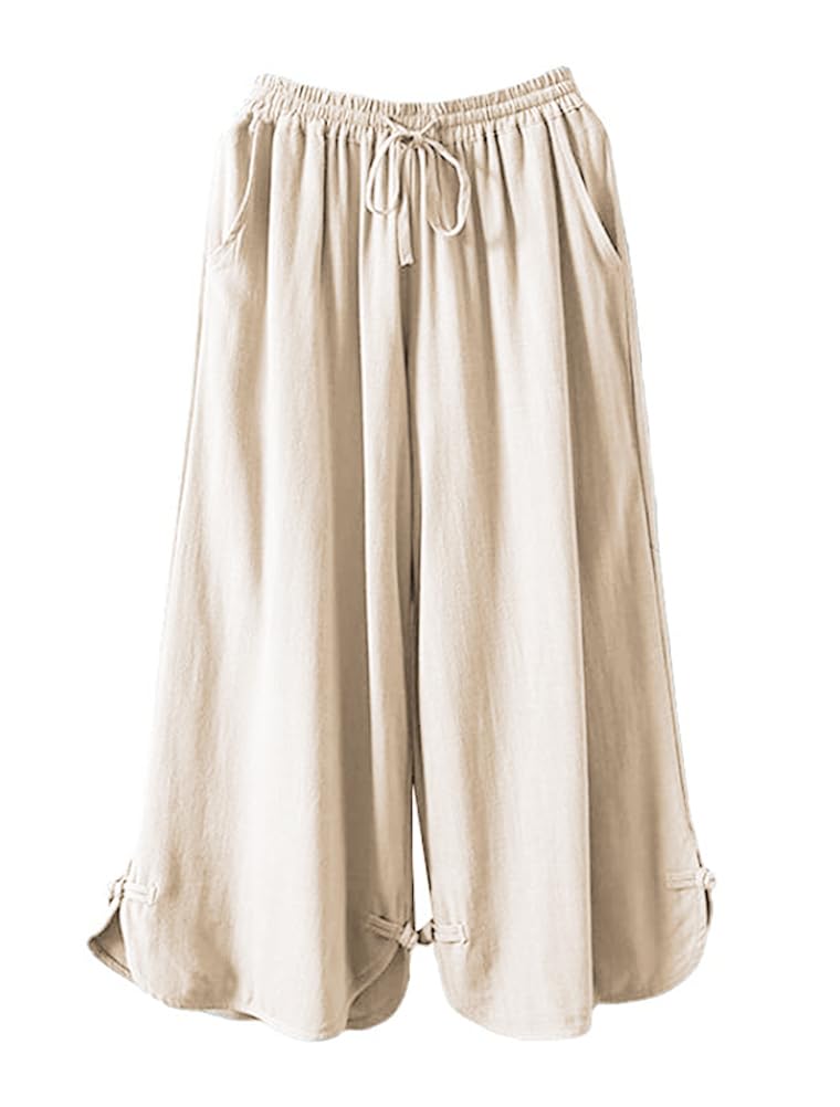 Minibee Womens Linen Pants Drawstring Waist Wide Leg Trousers with Frog Button