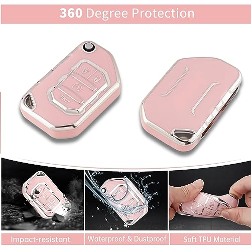 Image of Pangpai Pink Key Fob Cover for Jeep, Soft TPU Key Case Protection with Bling Keychain Fit for 2018-2022 Jeep Gladiator Wrangler Sahara Rubicon