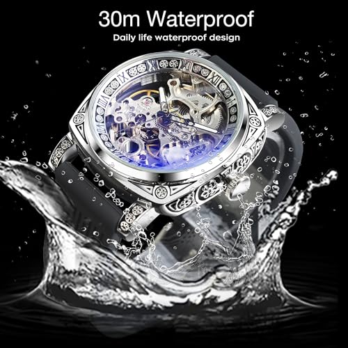Image of FORSINING Fancy Watches for Men, Square Retro Mechanical Watch Self-Wind Carved, Gear Movement Golden Skeleton Automatic Watches Vintage Leather Strap Wrist Watch