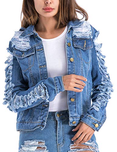 Sexyshine Women's Long Sleeve Ripped Distressed Holes Plus Size Denim Jean Jacket Coat(BE,XL)