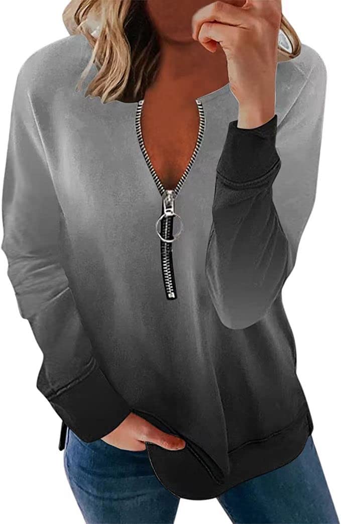 Chvity Women Half Zip Pullover Long Sleeve Shirts Quarter Zip Graphic Sweatshirts Tops (Small, Gray)