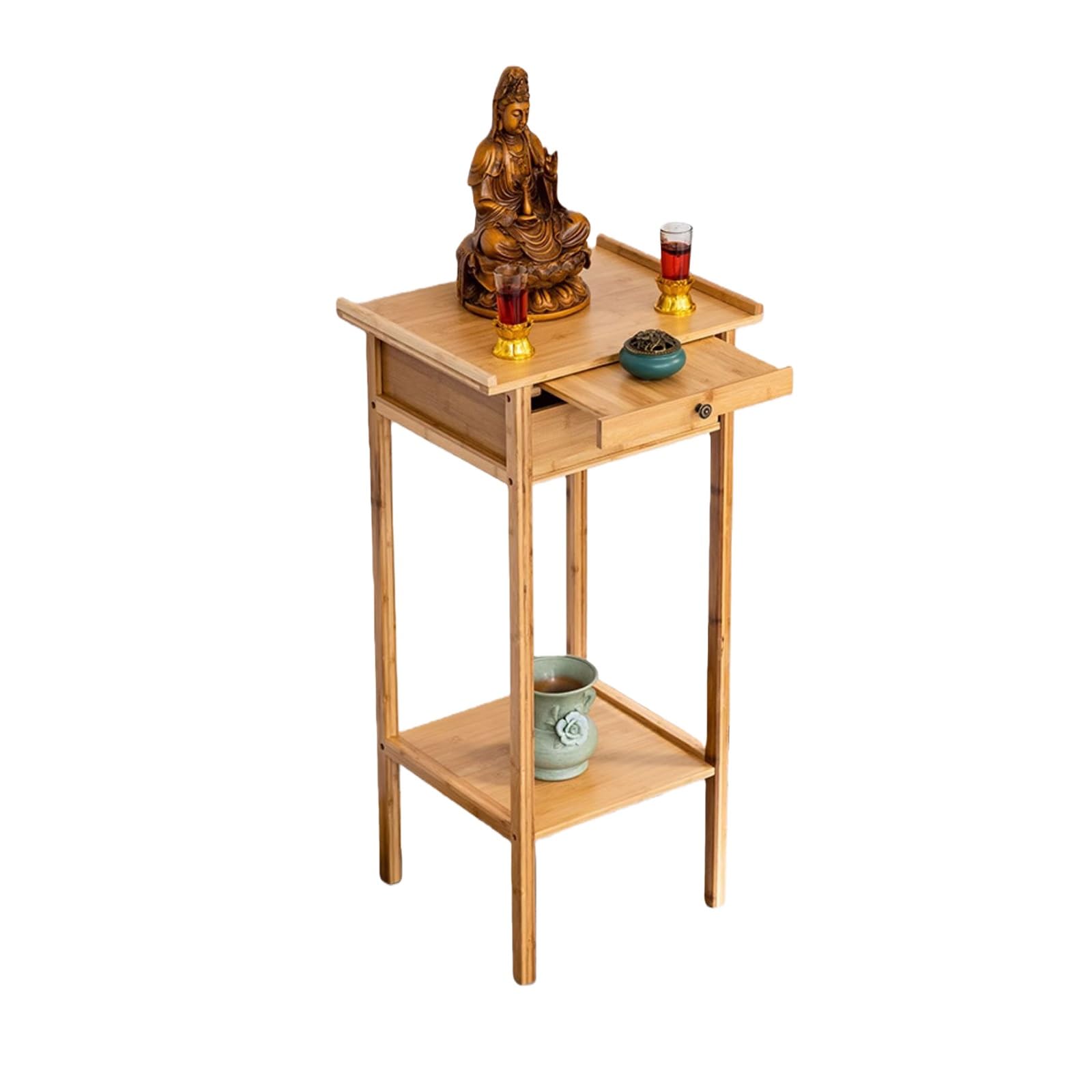 Mesa de altar de bambú para meditación con estante organizador