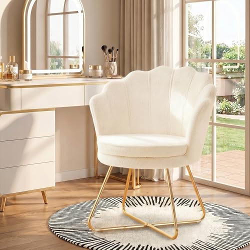 Hellove Chaise Coiffeuse Sherpa Doré | Fauteuil Salon Confortable, Chaise Coquillage Blanc avec Pieds Métal Or, Fauteuil Coiffeuse Idéale pour Salon,...