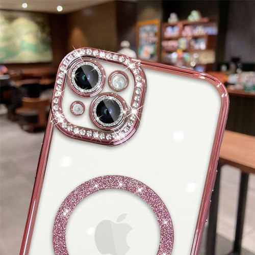 MZELQ Compatible with iPhone 15 Plus Case Plating Electroplate Magnetic [Support for Magsafe] Bling Glitter Sparkly Diamond Camera Lens Cover Crystal Matte Luxury Case for Girls Women -Pink