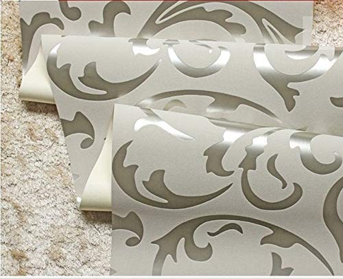 Qihang High-Grade Flocking Victorian Damask/Embossed Wallpaper Roll Silver And Gray Color 0.53M*10M=5.3Sqm #TOP4