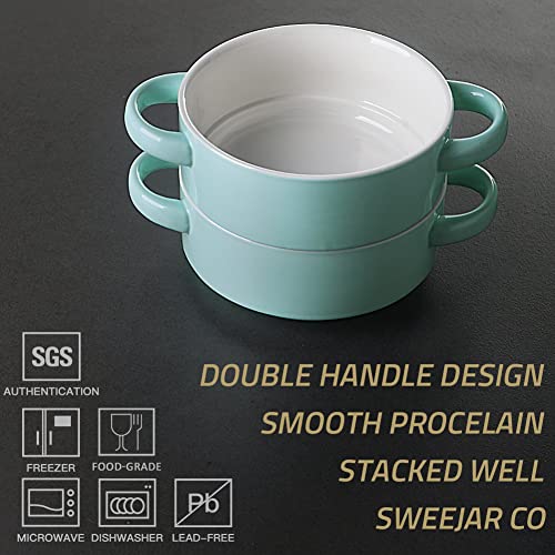 Image of Sweejar Ceramic Soup Bowls with Double Handles, 20 Oz Stacked Bowls for French Onion Soup, Cereal, Pot Pies, Stew, Chill, Pasta, Set of 4(Dark Turquoise)