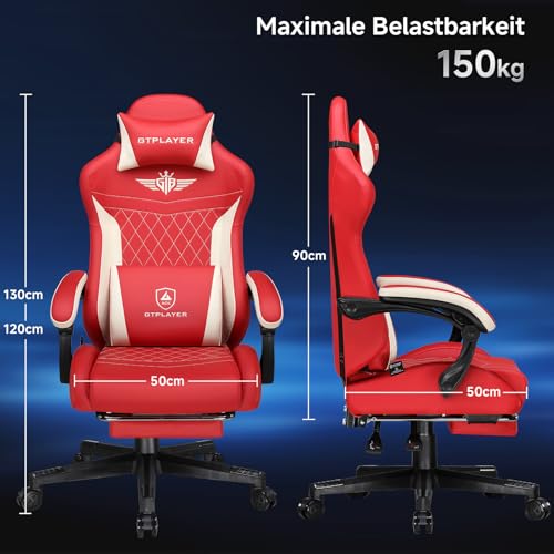Sedia da gaming, ergonomica, in pelle PU con supporto lombare, sedia PC con schienale allargato, portata fino a 150 kg, colore rosso - Sedia gaming - Immagine 2