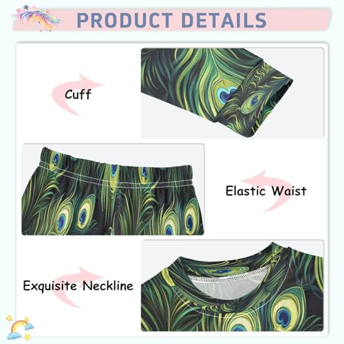 Pajama Sets Long Sleeve Watercolor Peacock Feathers Soft Comfy Sleepwear 2 Piece PJS 3-8T4