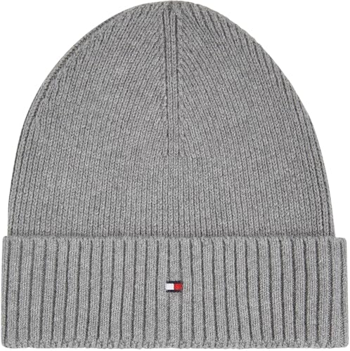 Tommy Hilfiger Herren Strickmütze Flag Cotton Beanie mit Kaschmir Mehrfarbig (Mid Grey Heather) Einheitsgröße