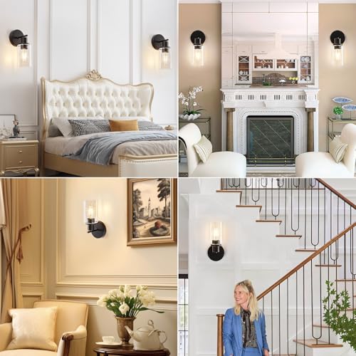 Image of DLLT Wall Sconces Set of Two: Modern Bathroom Vanity Light Fixtures - Matte Black Vanity Lights with Clear Glass Shade - Farmhouse Wall Lamp for Bedroom Living Room Mirror Hallway Kitchen