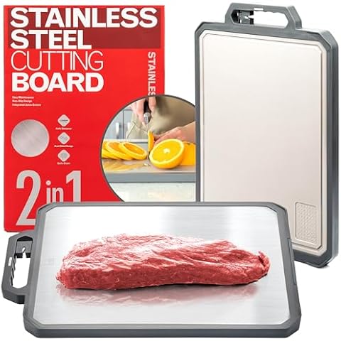 Stainless Steel Cutting Board with Ceramic Sharpener & Grater, XLarge 17"x12" Double-Sided Metal Cutting Board, Non-Toxic Plastic Board, 304 Stainless Steel & Food Grade PP, Easy to Clean. Cover