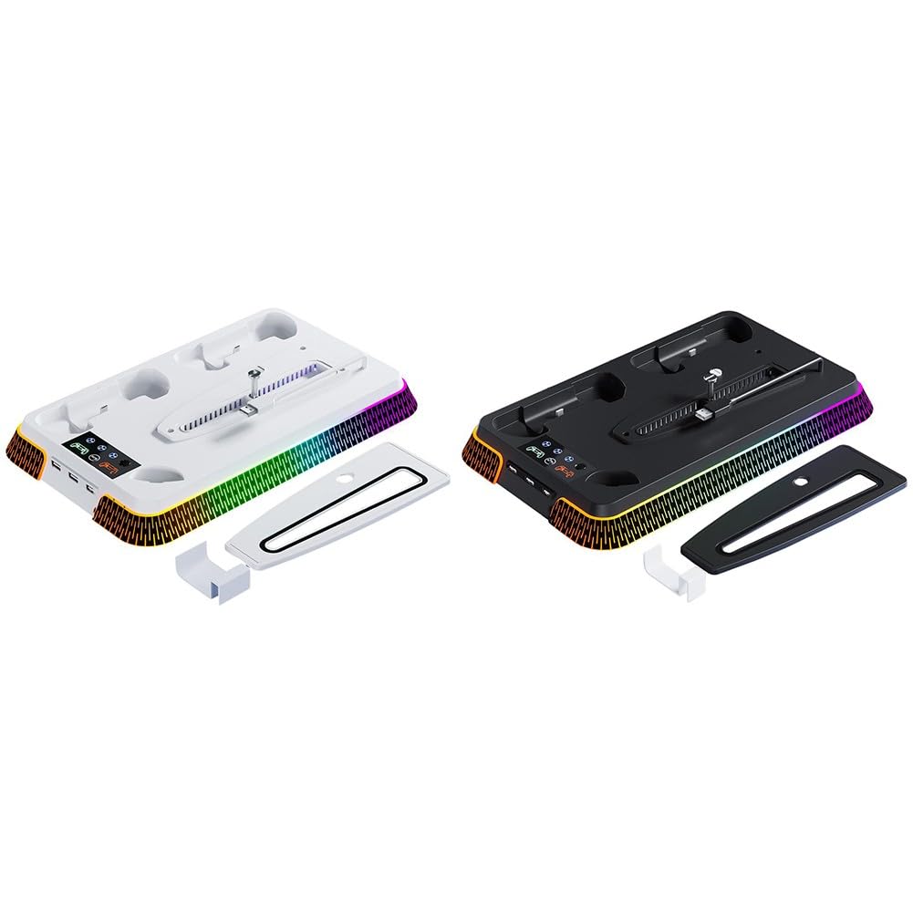 Supporto di raffreddamento verticale per PS5 Pro e Slim, stazione di ricarica con doppie porte per controller, supporto console ABS con ventola, accessorio per gioco salvaspazio, bianco