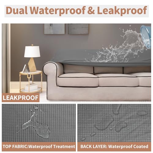 Image of Easy-Going 100% Waterproof Loveseat Couch Cover Stretch Jacquard Sofa Cover | Dual Waterproof Sofa Slipcover, Leakproof Furniture Protector for Kids, Pets, Dog and Cat (Loveseat, Grey)
