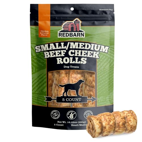 Redbarn Pet Products All-Natural Small/Medium Beef Cheek Rolls for Dogs Chicken & Carrot Glazed - Single Ingredient Grain-Free Chew Treat Naturally Rich in Collagen - 5 Pack - Packaging May Vary