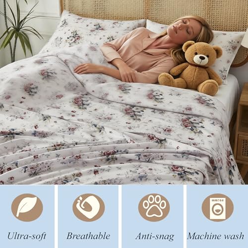 Image of FADFAY Rose Sheets Set King Pink and Blue Floral Bedding Rustic Botanical Flower Bed Sheet Set, Soft & Breathable Muslin All-Season Sheets