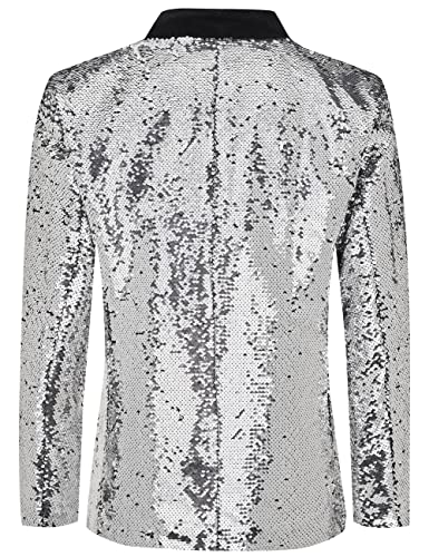 Men's 70s Disco Shiny Sequin Blazer Jacket for Weddings Prom & NightclubsSparkling Metallic Tuxedo Coat with Stretch Fabric2