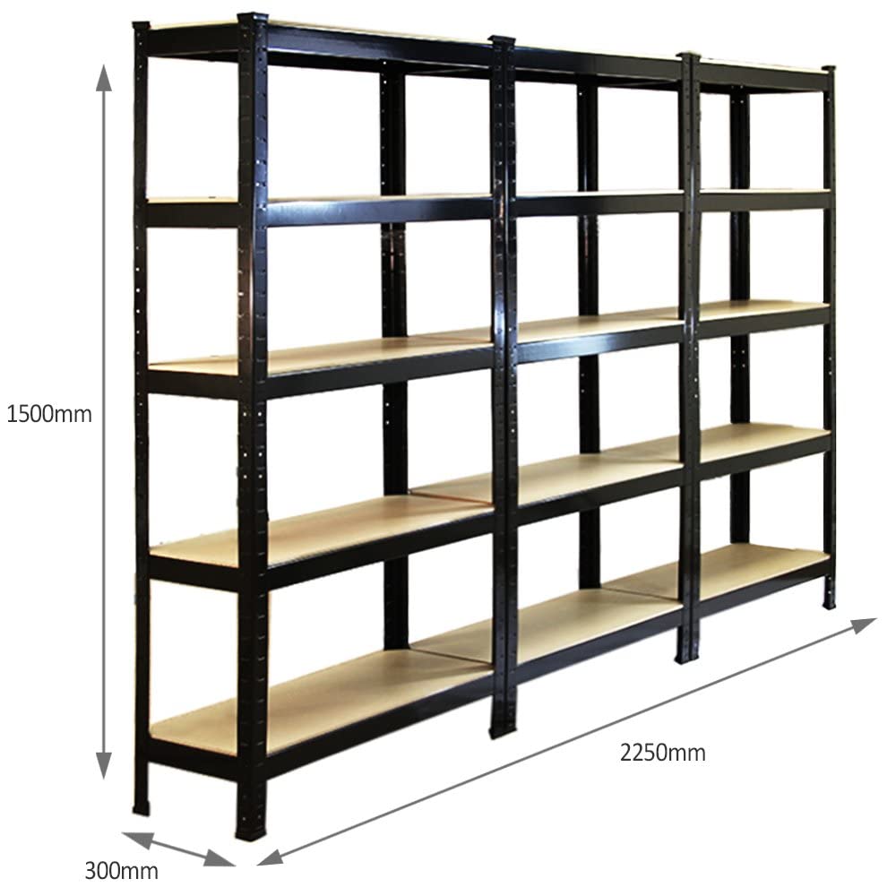 3 x Estanterías Metálicas T-RAX, Negro, 75cm x 150cm x 30cm | 5 Niveles por Estantería | Capacidad Peso 150kg por Estante | Marco de Acero Robusto | Fácil y Rápido Montaje | Sin Tornillos