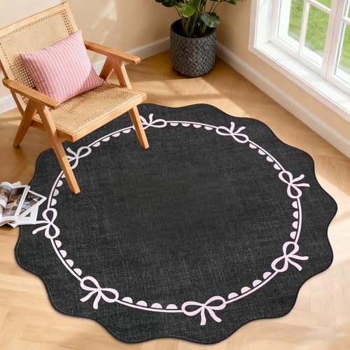 GarveeHome 4ft Round Rugs Washable Scalloped Bow Rug for Bedroom Black Pink