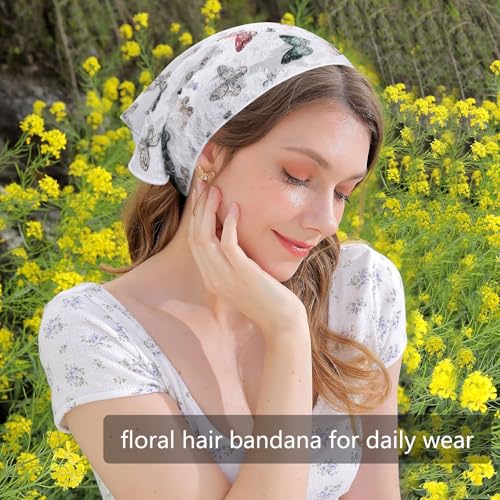 AWAYTR 2Pcs Floral Hair Bandanas Tie-back Head Kerchief for Women Flower Mesh Hair Scarves Lightweight Triangular Head Scarf2