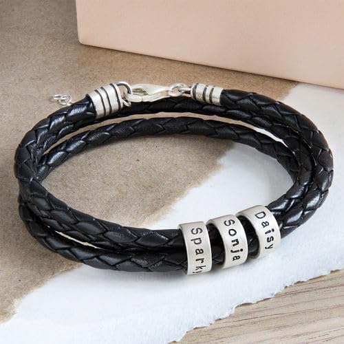 MYKA - Personalized Braided Black or Brown Leather Adjustable Bracelet with Engraved Beads for Women, Her, Mom, Girlfriend - 925 Sterling Silver, 18K Gold Plating, Vermeil - Dainty Custom Gift For Mother's Day, Christmas, Xmas, Birthday4