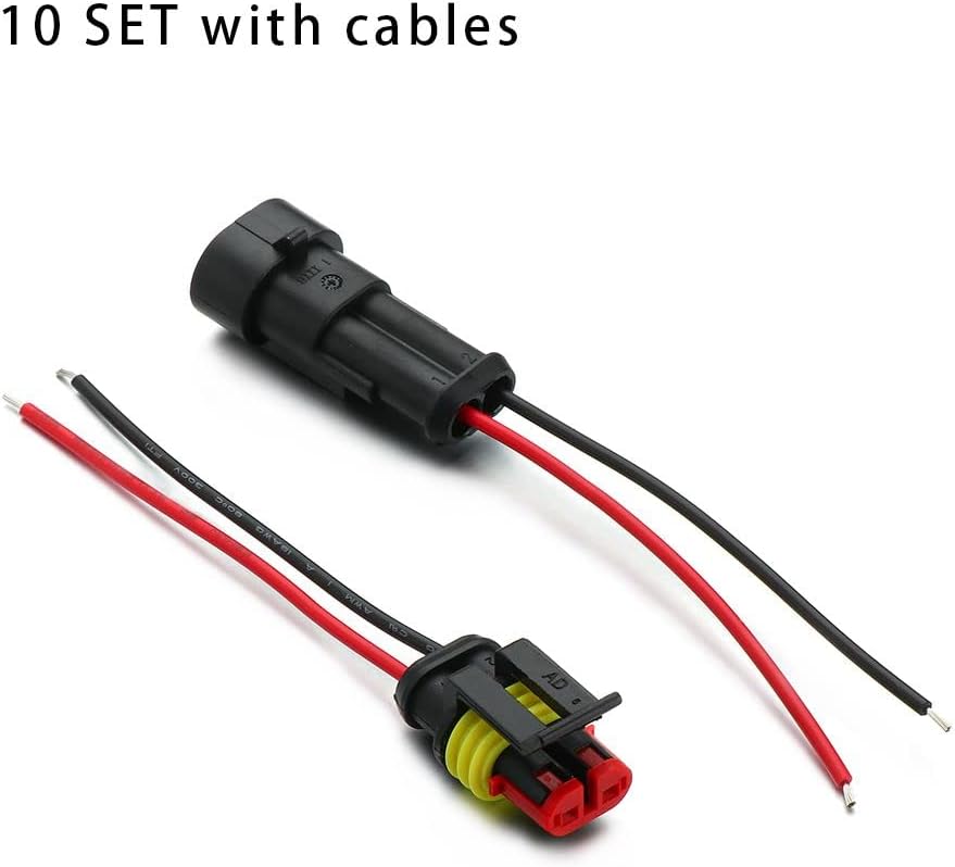 2 Pin Connector Waterproof Connector, Andy's Orchids 10 Set 12V 2Pin Cable Wire Connector, Plug Waterproof Sealed For Electrical Car Auto Connector With Cable