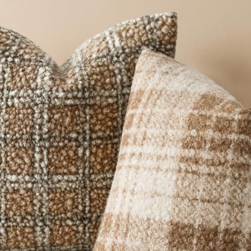 Image of Foindtower Pack of 2 Soft Faux Fur Boucle Throw Decorative Pillow Covers Fuzzy Accent Check Cushion Sherpa Boho Farmhouse Pillowcase for Couch Sofa Bed Living Room Home Decor 18x18 Inch,Light Brown