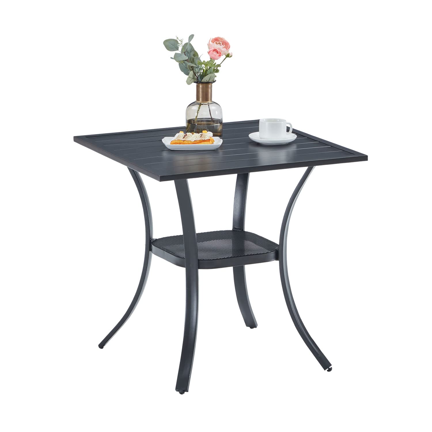vicllax small patio dining table, 28"x 28" metal slatted tabletop with storage shelf for deck lawn garden backyard, no umbrella hole, black tabletop