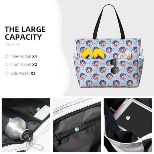 Large Beach Bags Water-resistant Sandproof - Donut with the USA Fag Cute Beach Tote Bags for Women with Zipper3