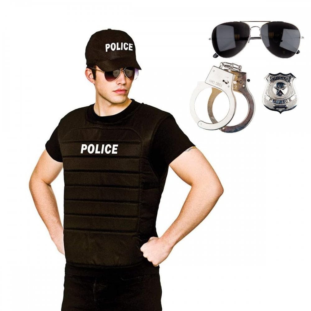 A2zfd Men's Black Adult Police Vest & Cap Set + Aviator Sunglasses + Special Badge + Handcuffs : Unisex Wo Policeman Cop Team Fancy Dress Costume
