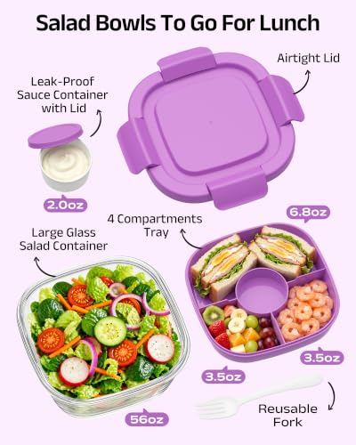 Image of Glass Salad Container,56oz Salad Bowl To Go for Lunch with Airtight Lid,Leak-Proof Sauce Container,4-Compartment Bento Tray & Reusable Fork - BPA-Free Glass Lunch Box for Meal Prep,Office(Purple)
