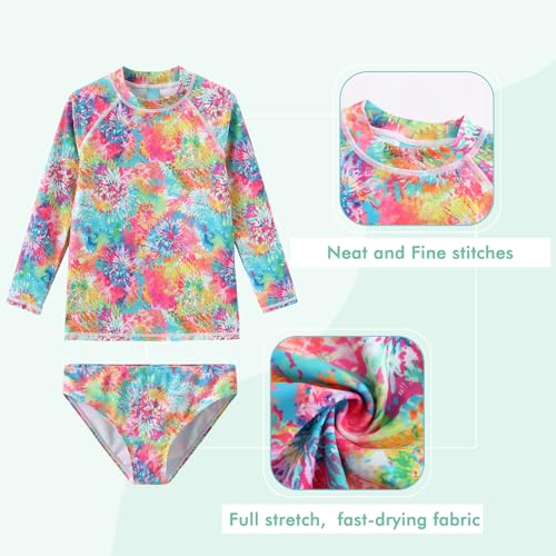Image of Girls Two Piece Rash Guard Swimsuits Set Long Sleeve Bathing Suit with UPF 50+ Sun Protection Kids Sunsuits Swimwear Set