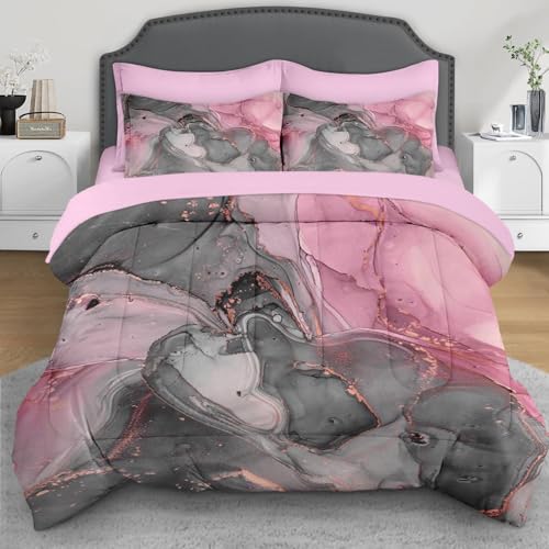 Nesphy Gray Pink Marble 7 Pcs Comforter Set Full Size, Natural Luxury Golden Abstract Soft Bedding Set with Flat Sheet and Fitted Sheet Pillowcases & Sham for Adults Bedroom Bed Decor