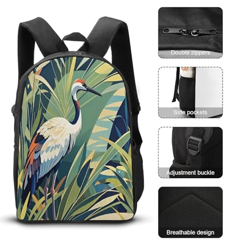 Printed Backpack With Lunch Pack Storage Box Case Crane Bird Wild Plants 3pcs Lightweight Travel Backpack3