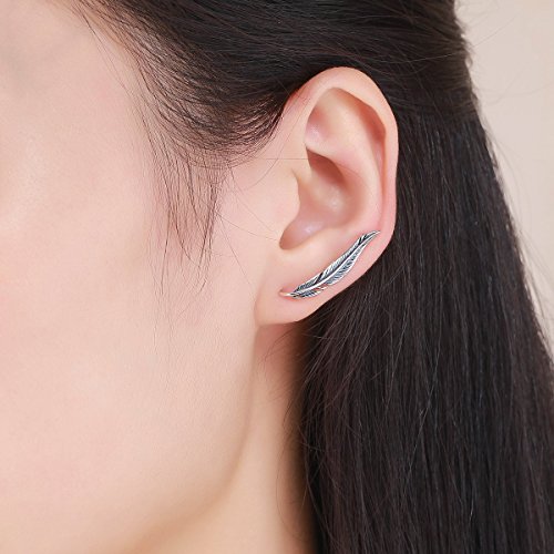 SLUYNZ 925 Sterling Silver Feather Crawler Earrings for Women Climber Earrings Cuff Earrings Wrap4