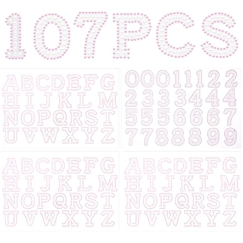 Towfed 107 Pcs Pearl Letter Stickers 3 Sheets A-Z Glitter Rhinestone Letter and 1 Sheet 0-9 Pearl Number Stickers Self Adhesive Sticky Letters for DIY Crafts Scrapbooking (White+Pink)