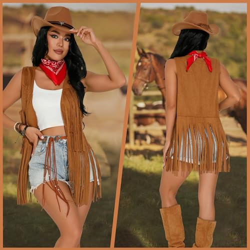 GERVAISE Womens Western Cowgirl Costume 70s Hippie Tassels Fringe Vest outfit Hat 5pcs3