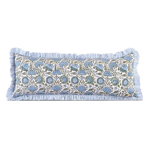 Ridhi Block Print Asparagus Green 36x14 Set 1-100% Cotton Ruffle Lumbar Sham Cover Boho Floral Pillowcase Farmhouse Cottagecore Bedding Soft Decorative Cover Gift for Spring Easter Valentine