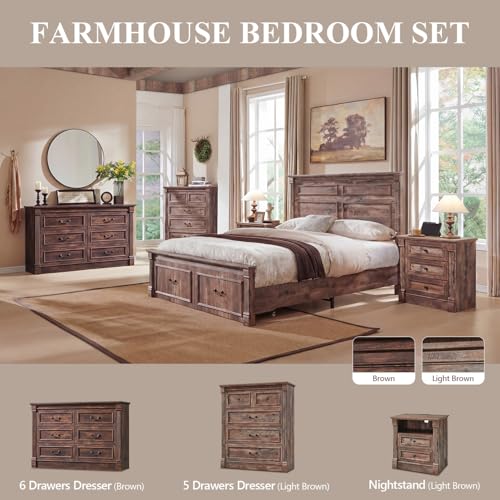 Image of Aitjunz Farmhouse 6 Drawer Dressers for Bedroom, 47'' Wide Dresser & Chests of Drawers w /Roman Columns, Horizontal Wooden TV Stand Dresser w /Metal Handle for Bedroom, Hallway, Living Room, Brown
