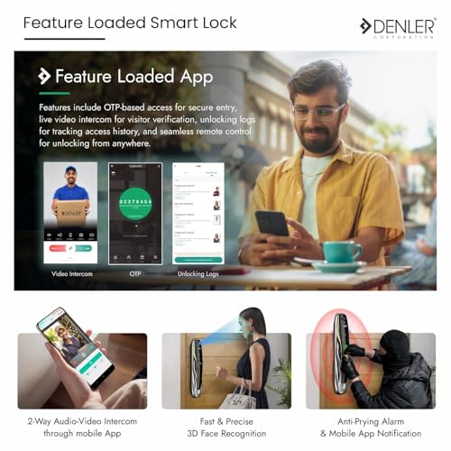 Image of Denler Smart Door Lock with Dual Batteries | 3D Face ID | Fingerprint Door Lock | Anytime Video & Unlock App | LCD Camera | Inbuilt Wi-Fi | Anroid & iPhone Support | RFID Card (Curvy Matt Black)