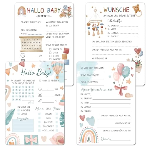 BIROYAL Babyparty Spiele 24x Babyparty Karten zum Ausfüllen - A6 Babyshowerparty Spiele Karten für Gender Reveal Party - Babyshower Spiele für Jungen und Mädchen - Beidseitig Bedruckt