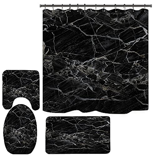NEWSUYAA Black Marble Shower Curtain with Bath Rugs Sets, 4 Pcs Gray Marble Patterns Bathroom Décor with Toilet Seat Cover,Soft Mats, Absorbent Pedestal Pads and Shower Curtains + Hooks