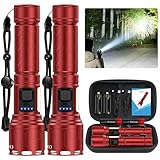 Rechargeable Magnetic Flashlights High Lumens, Super Bright LED Powerful Flashlight 8 Modes with COB Work Light, Waterproof Handheld Flash Light for Camping (2 Pack with Leather Box, Red)