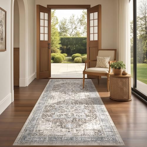 Tortania Area Rug 3x8 Runner Rugs - Washable Vintage Oriental Farmhouse Thin Indoor Carpet for Living Room Bedroom Hallway Entryway Kitchen Under Dining Table Home Office - Brown Blue