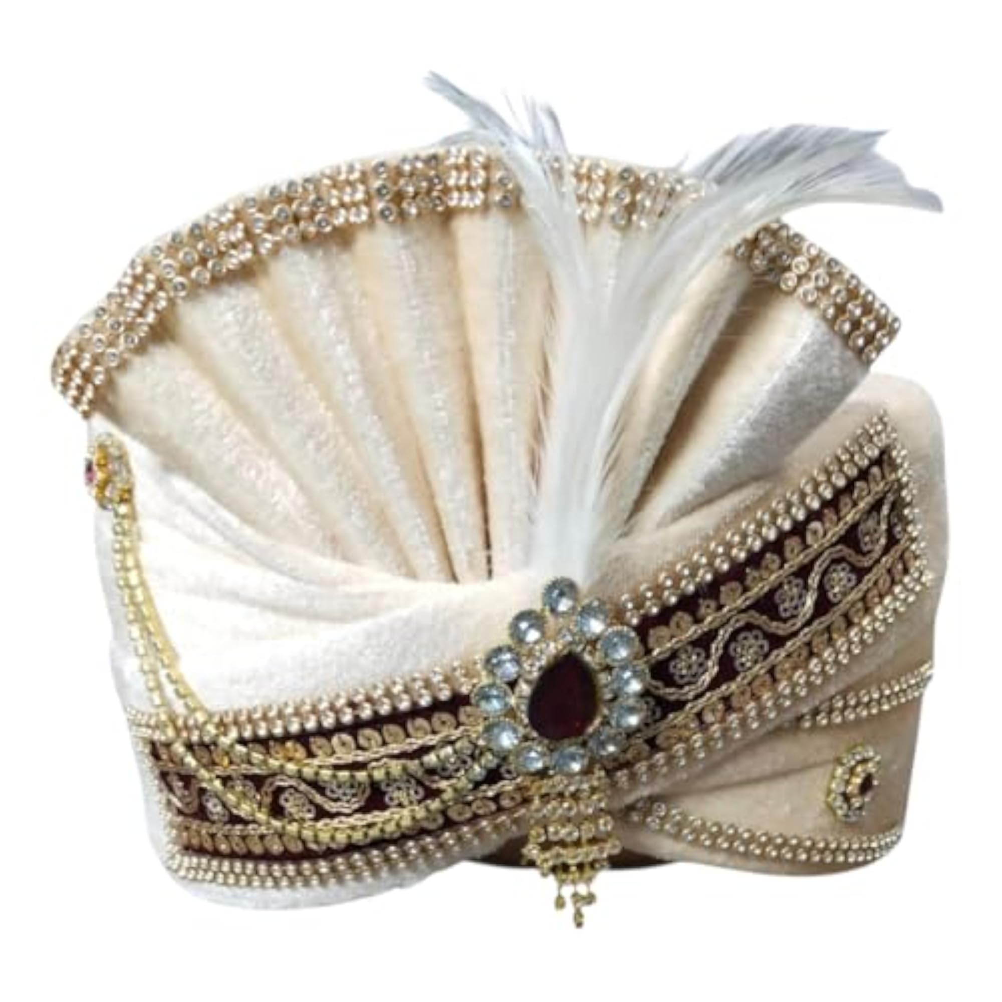 Royal Cream Maroon Wedding Groom Pagdi with Pearl Brooch