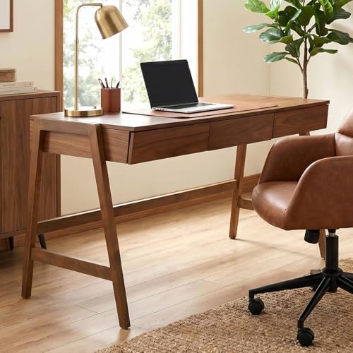 Image of HNY 59 Inches Walnut Wooden Writing Desk with 3 Drawers, Computer Study Table with MDF Top, Solid Rubberwood Legs and Hidden Cable Management Holes, Corner Makeup Vanity Desk for Home Office, Bedroom