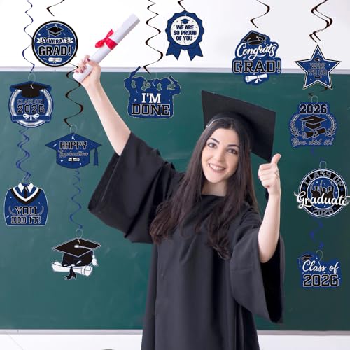 Image of Graduation Hanging Swirls Decorations, Blue and Black Graduation Party Decorations, 30PCS Class of 2026 Streamers Ornaments for Classroom Ceiling Office High School College Congrats Grad Party Favors