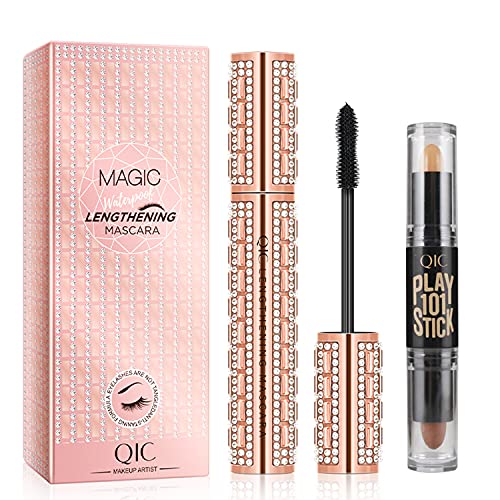 4D Silk Fiber Mascara with Contour Stick,Liquid Long Lasting Waterproof Mascara Black,Smudge Free Lengthening Eyelash For Hypoallergenic Sensitive Eyes,Highlighters Makeup