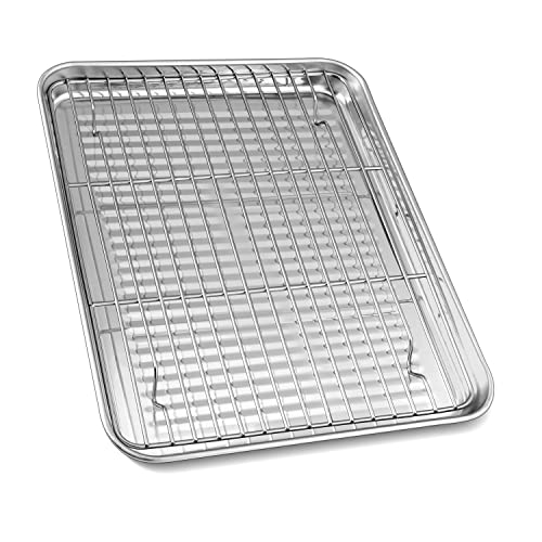 Herogo Stainless Steel Bakeware Pan Set Nonstick, 12 x 9.6 x 1 Inch, Oven Baking Pan with Corrugated Surface, Cookies Sheet Tray Rack Set, Rust Resistant, Dishwasher Safe