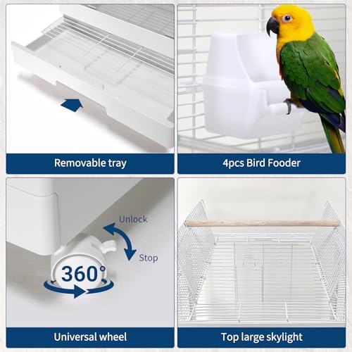 Großer, Doppelstöckiger Vogelkäfig Mit Rollgestell, Herausnehmbarer Trennwand, Ausziehbarer Schale, Futternäpfen, Sitzstangen Und Spielplattform Für Kleine Vögel-3